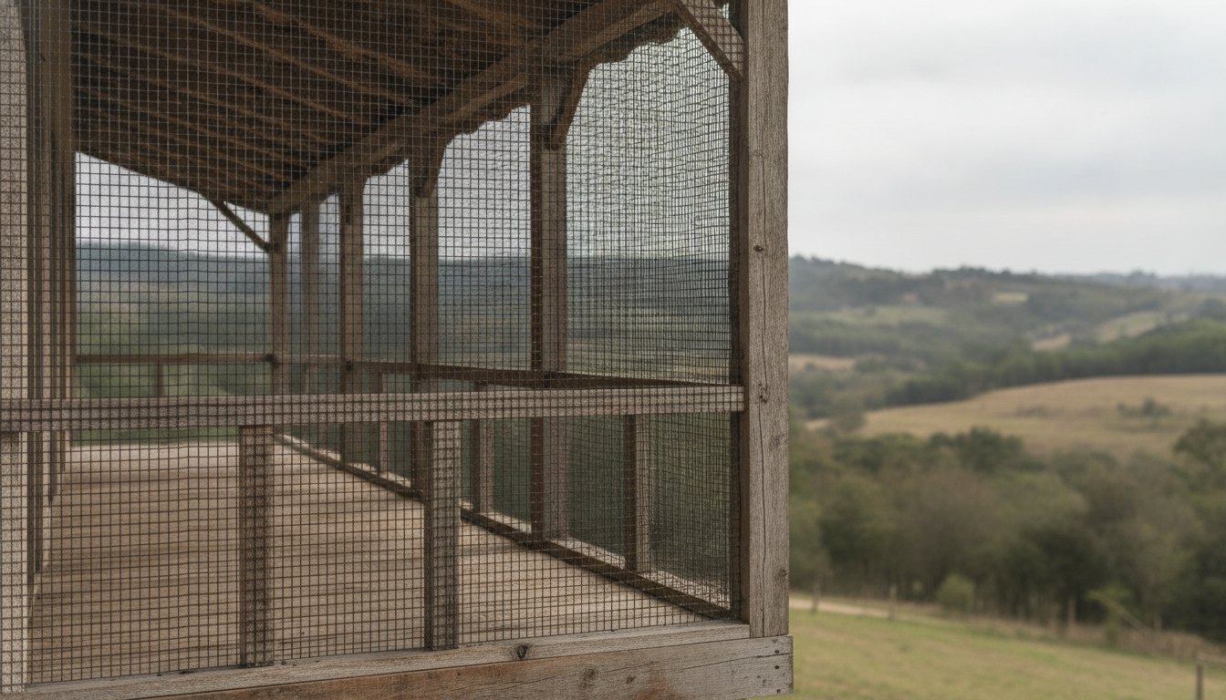 Sacada de madeira em uma propriedade rural protegida por uma trama de segurança escura.