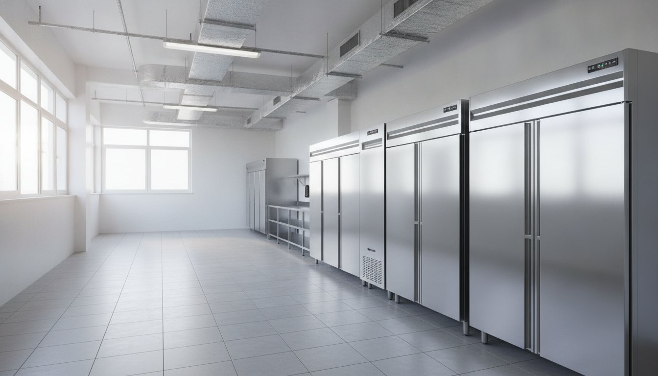 Cozinha industrial limpa com geladeiras de inox e sistema de ar-condicionado no teto.