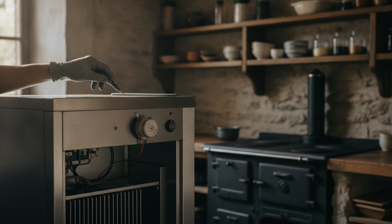 Técnico inspecionando o termostato de um refrigerador comercial em uma cozinha rústica de restaurante.