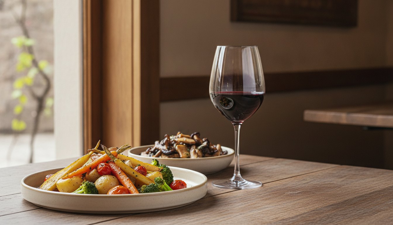 Prato com vegetais assados e cogumelos ao lado de uma taça de vinho tinto na mesa