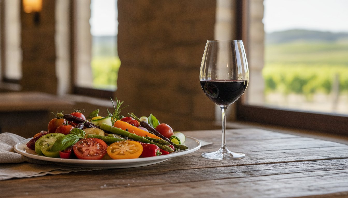 Prato com vegetais frescos e taça de vinho tinto sobre mesa de madeira rústica.