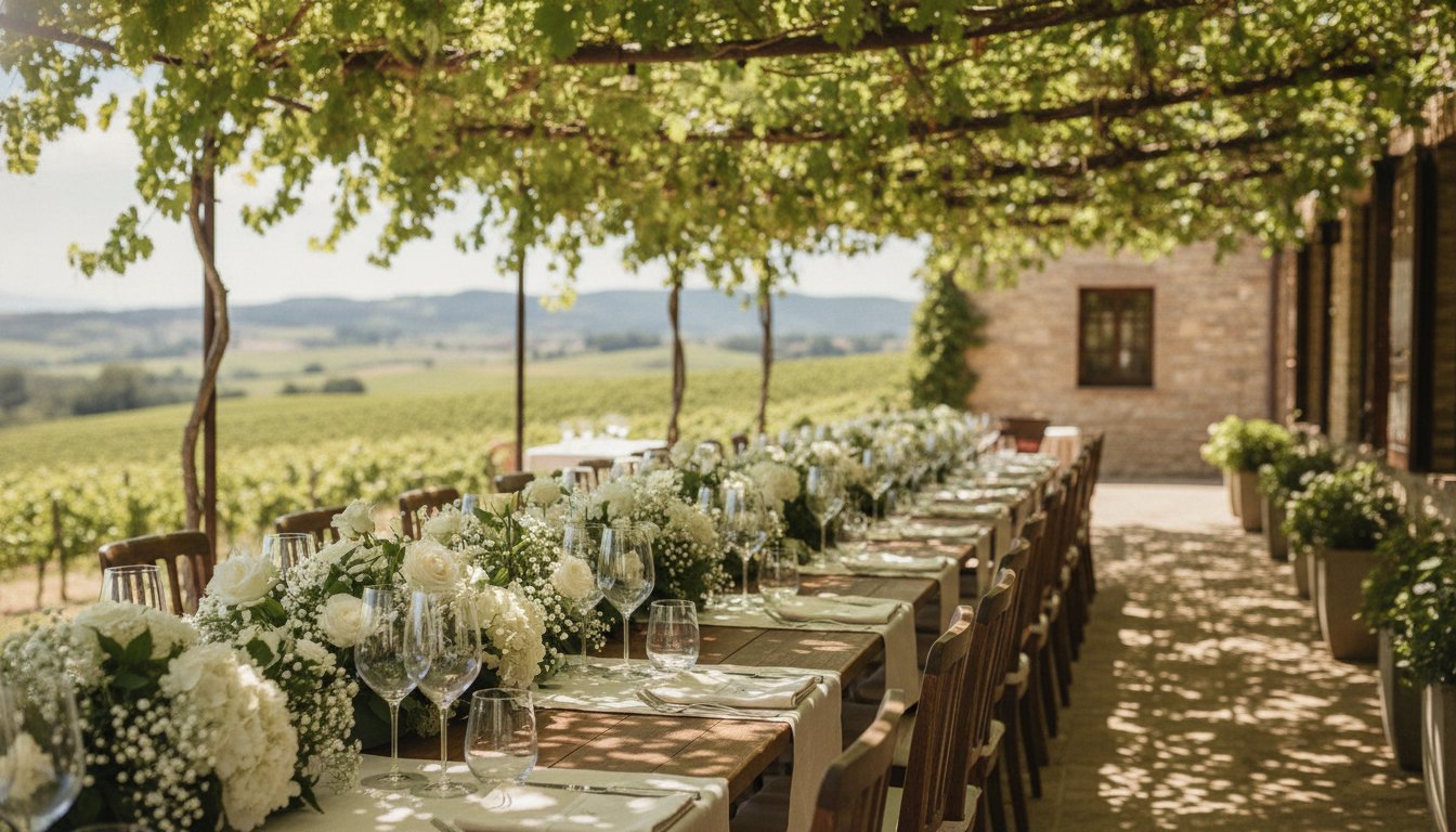 Mesa longa montada com flores brancas e taças de vinho sob parreirais ao ar livre.