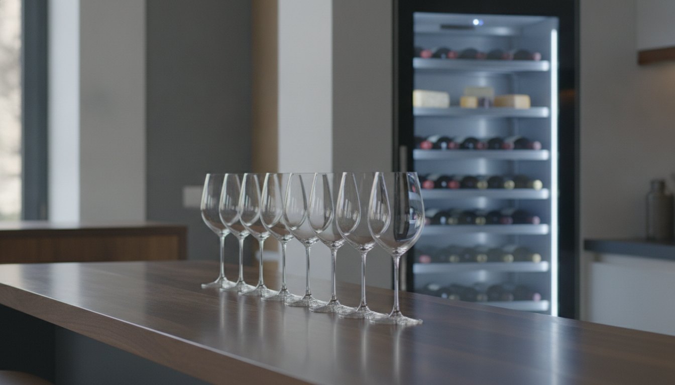 Taças de vinho alinhadas sobre um balcão de madeira ao lado de um expositor refrigerado iluminado.