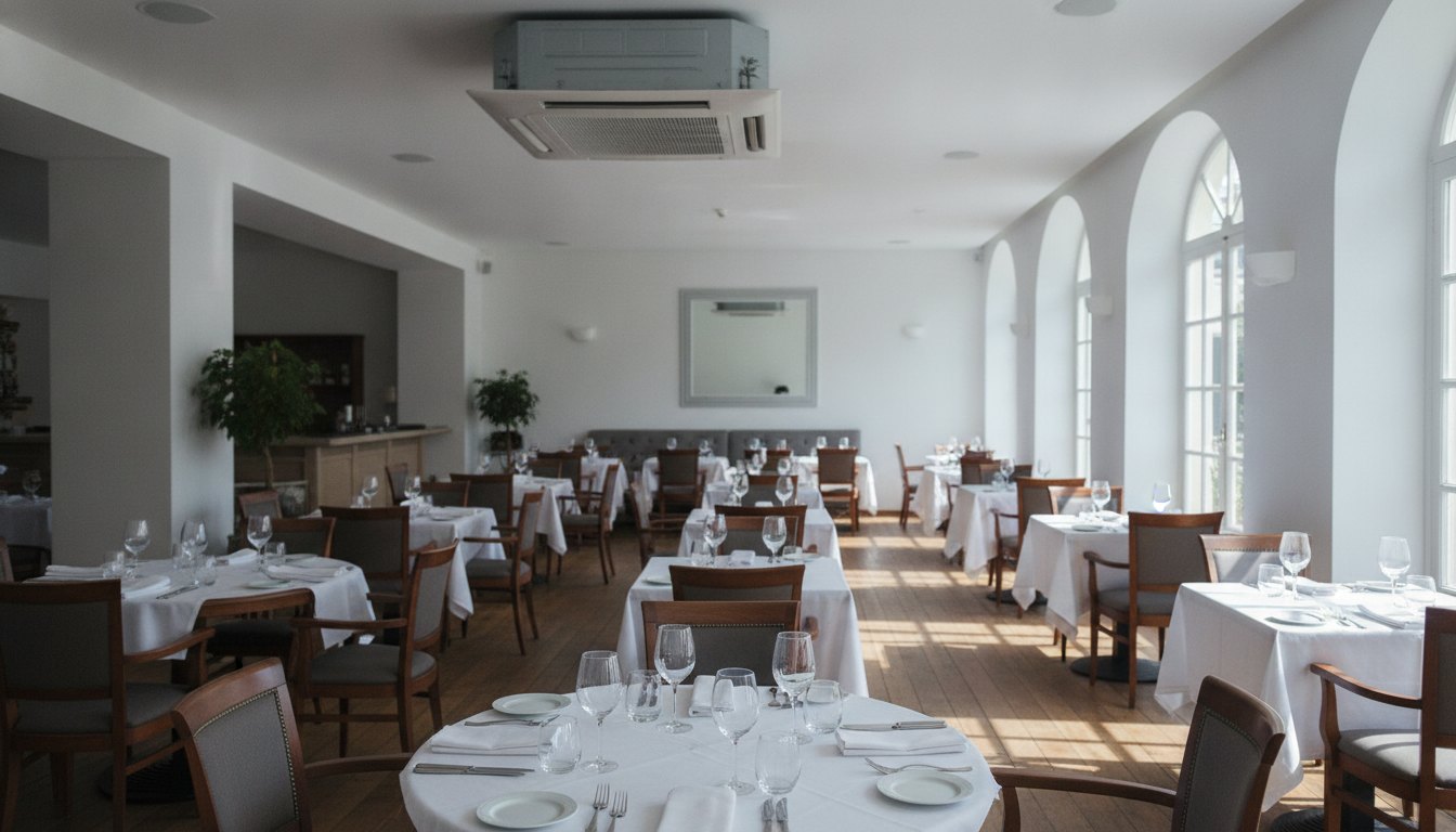 Salão de restaurante com mesas arrumadas e um aparelho de ar condicionado instalado no teto.