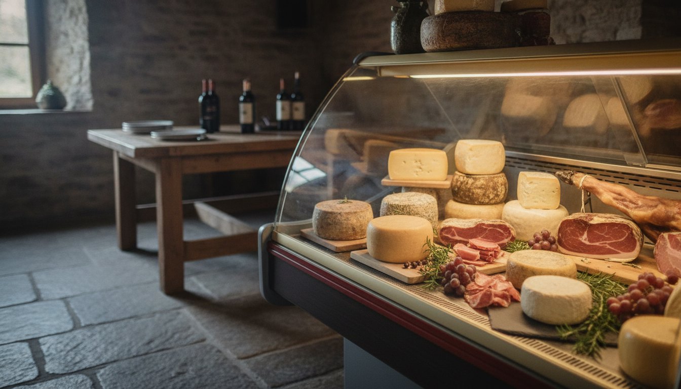 Vitrine refrigerada iluminada exibindo queijos artesanais e peças de embutidos em uma sala rústica.