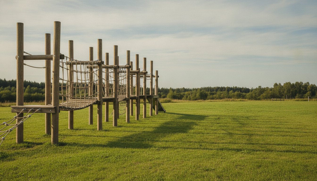 Playground de madeira com barreiras de cordas instalado em um gramado amplo ao ar livre.