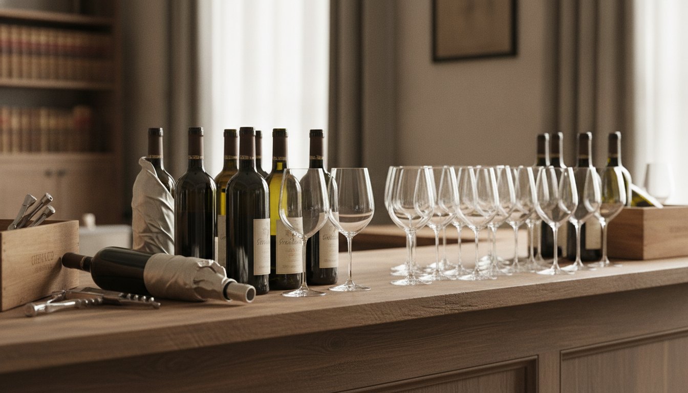 Trabalhadores com aventais organizando taças e garrafas de vinho em um balcão de madeira rústica.