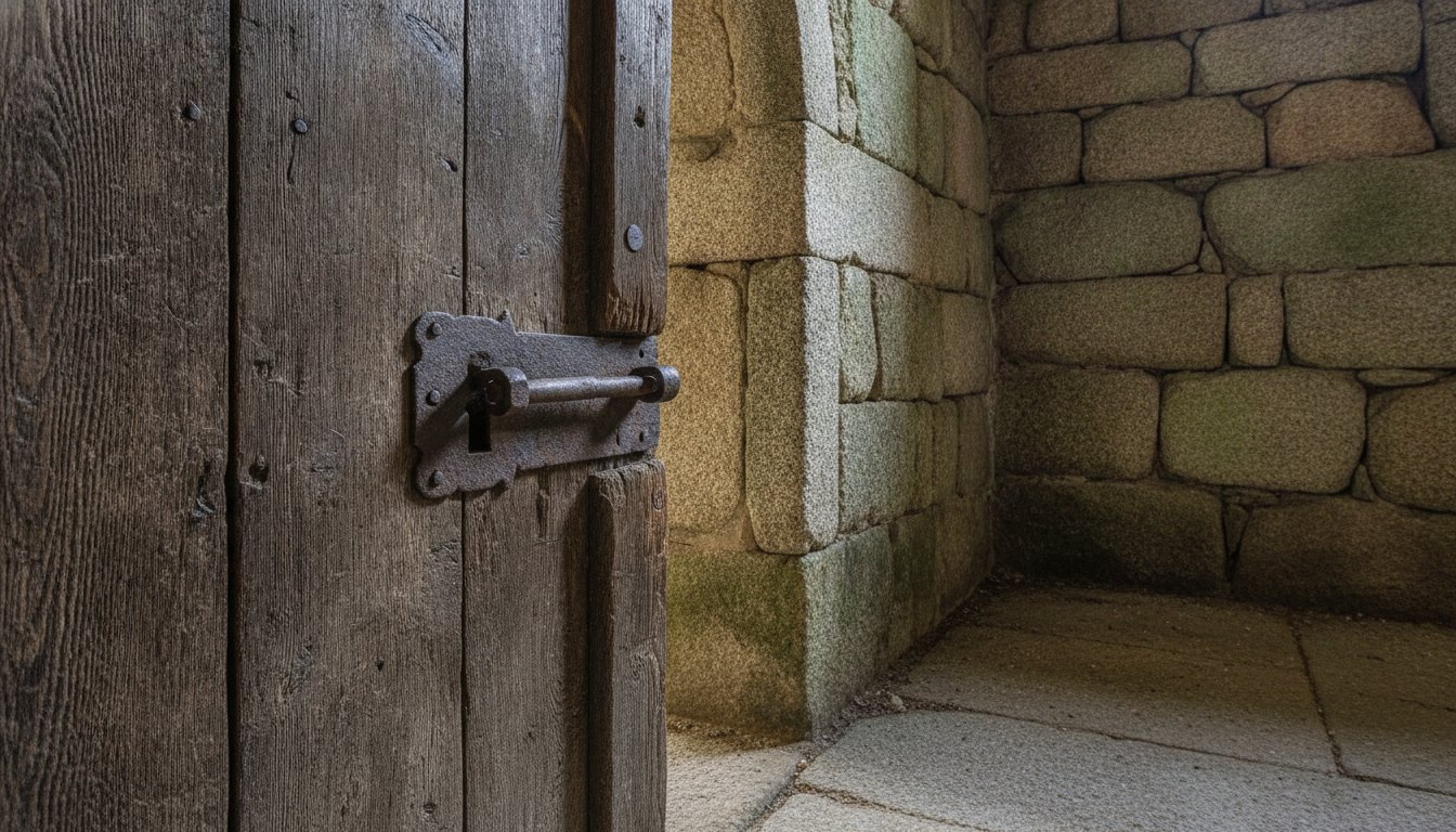 Porta de madeira rústica com fechadura metálica em uma adega de pedras.