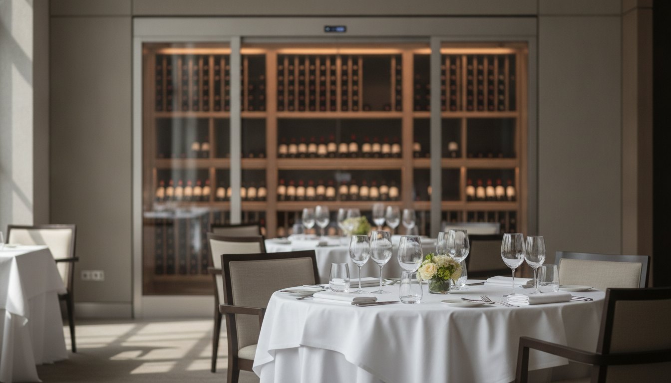 Interior de um restaurante com adega climatizada iluminada e mesas preparadas para o jantar.
