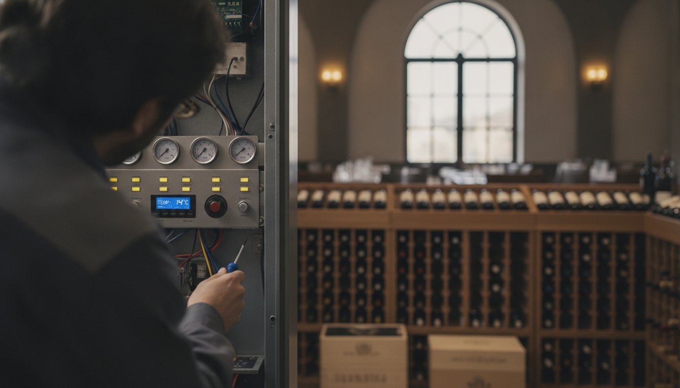 Técnico inspecionando o painel de controle de uma adega climatizada em um restaurante