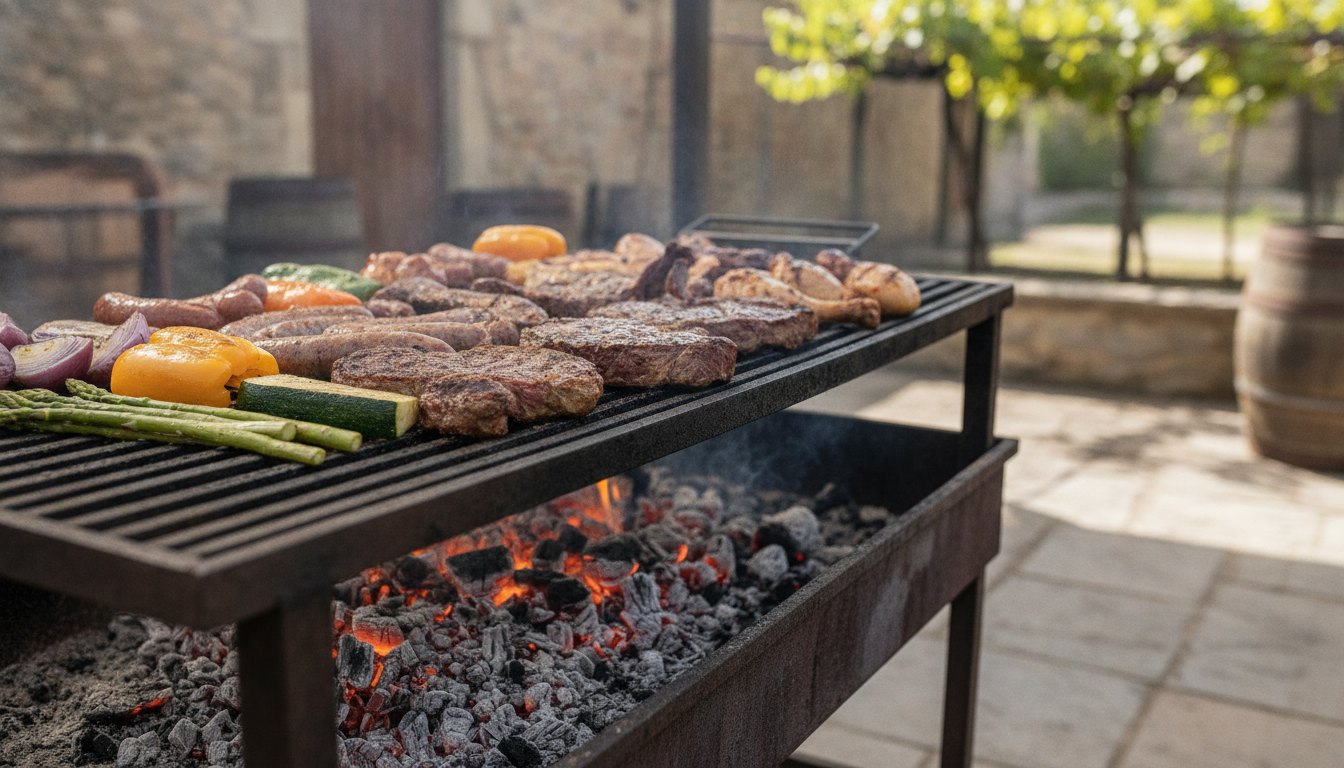 Carnes e legumes assando em grelha rústica de ferro sobre brasas brilhantes em ambiente aberto.