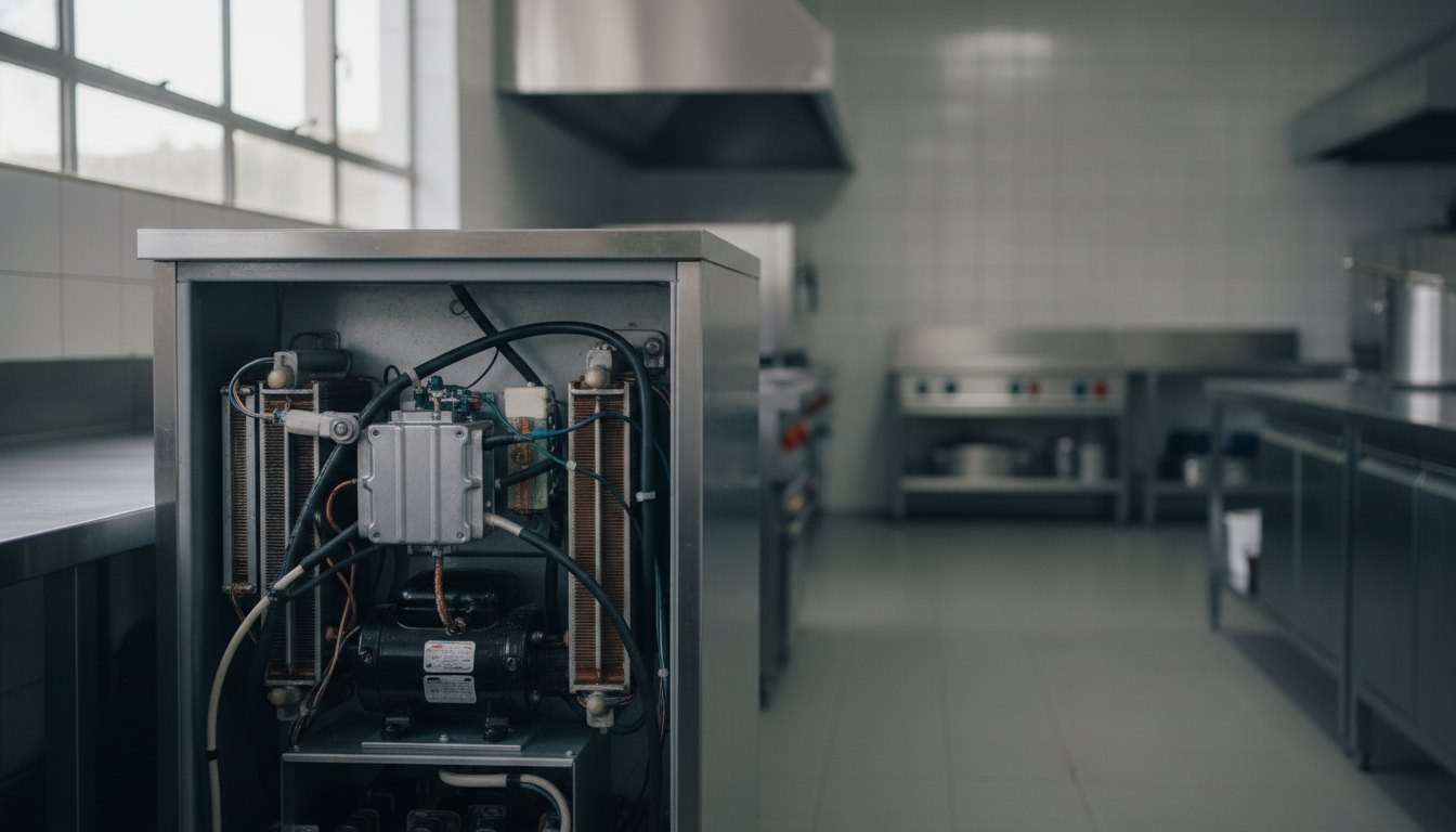 Técnico inspecionando o motor de um refrigerador comercial de inox em uma cozinha industrial.