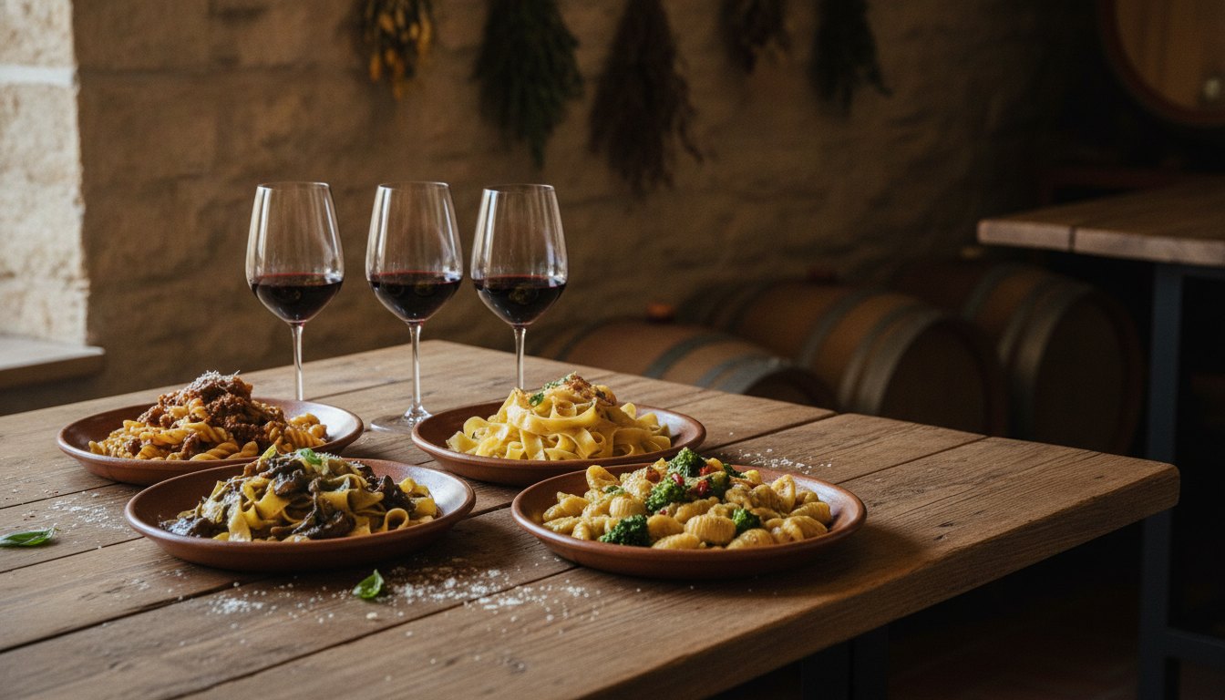 Mesa rústica de madeira com travessas de massas artesanais e taças de vinho tinto rubi.