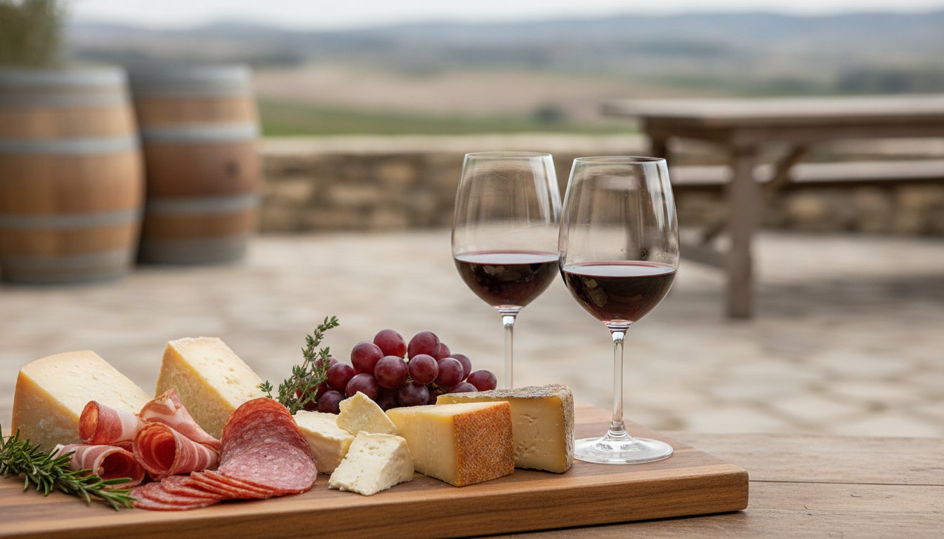Tábua de madeira com fatias de salame, copa, queijos e duas taças de vinho tinto.