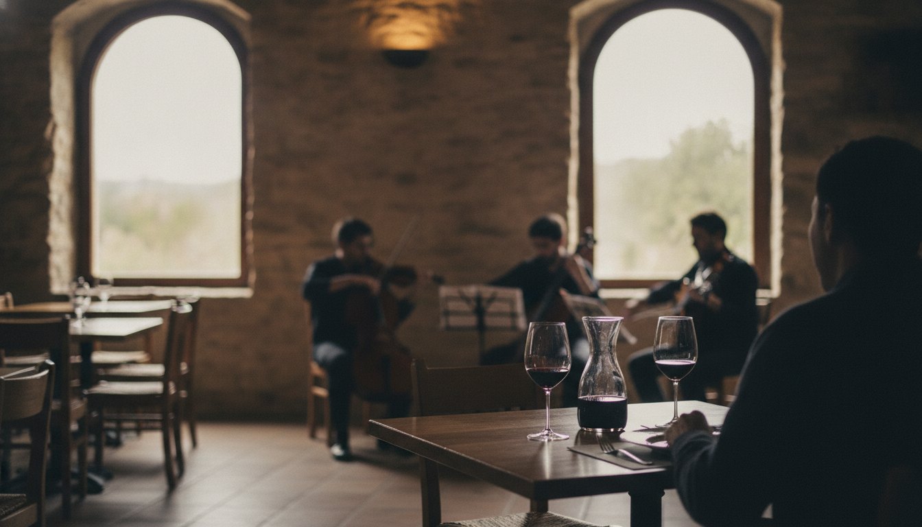 Casal jantando e bebendo vinho em restaurante à meia-luz com músicos tocando instrumentos ao fundo.