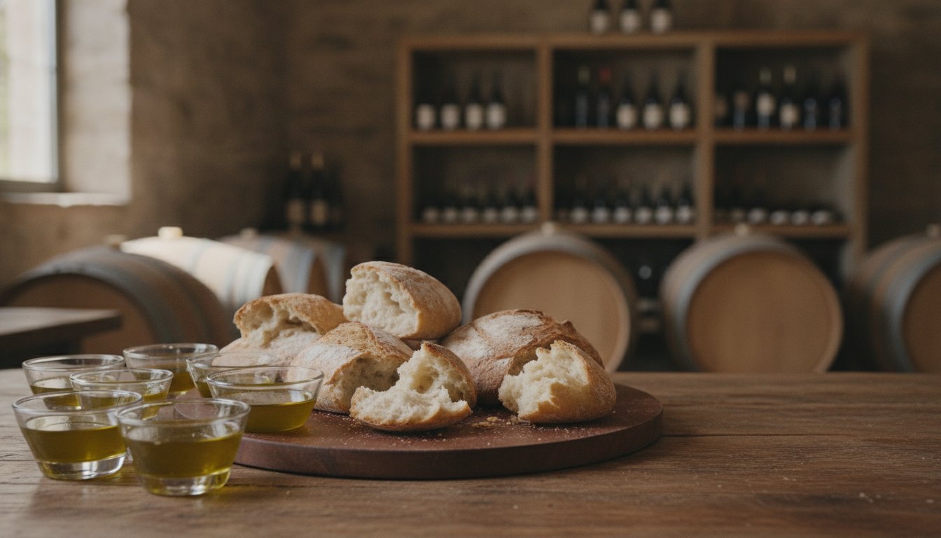 Copos de vidro com óleo de oliva e pães rústicos em uma mesa de madeira.