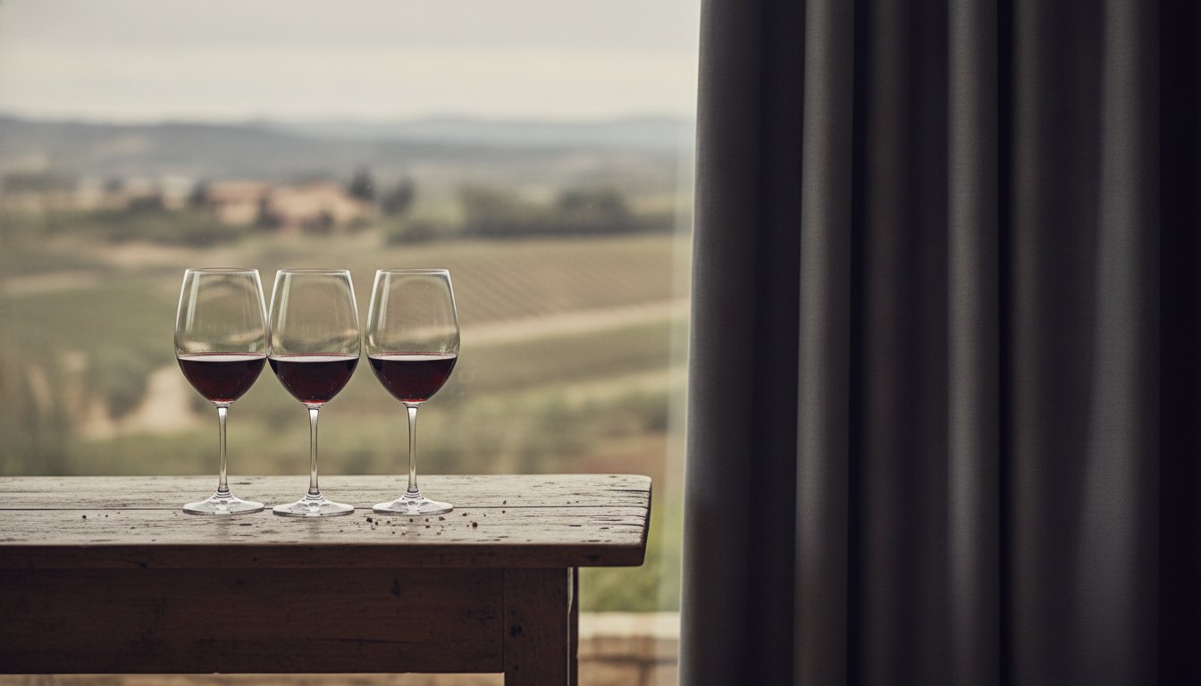 Taças de vinho sobre mesa de madeira ao lado de uma venda de tecido escuro.