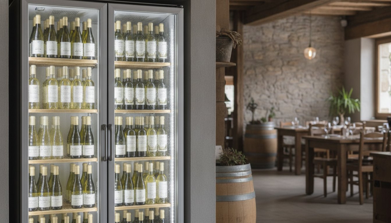Geladeira expositora comercial abastecida com garrafas de vinho branco em um restaurante rústico.