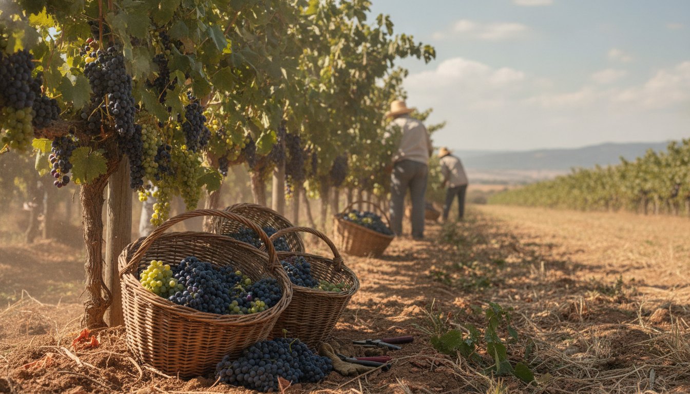 Trabalhadores rurais colhendo uvas em um vinhedo durante o dia ensolarado.