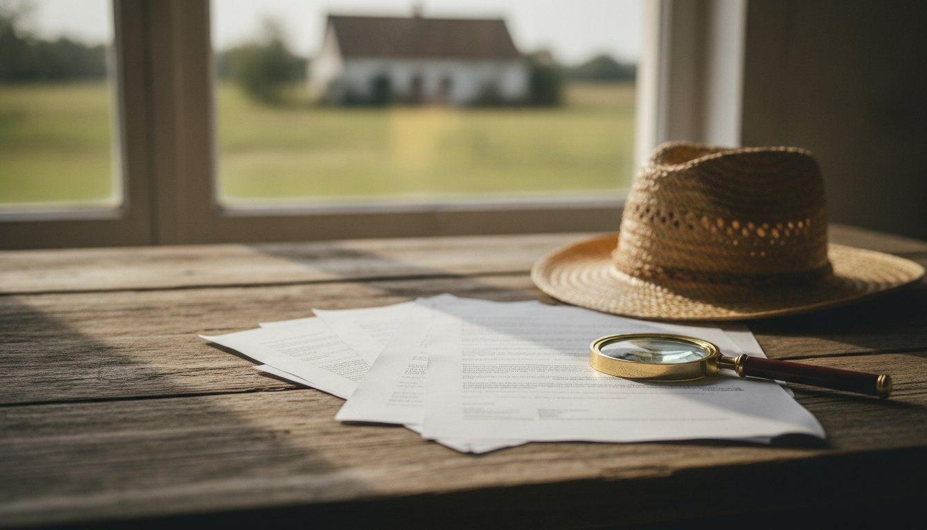 Trabalhador rural com chapéu de palha analisando documentos de papel em uma mesa de madeira rústica.