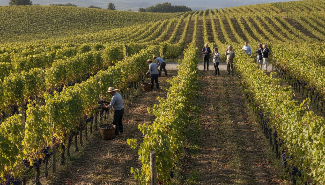 Trabalhadores rurais colhem uvas em um vinhedo enquanto turistas observam a atividade ao fundo.