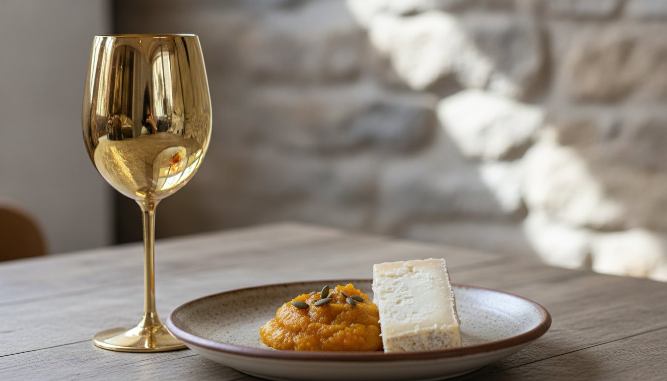 Taça de vinho dourado ao lado de um prato com doce de abóbora e pedaço de queijo.