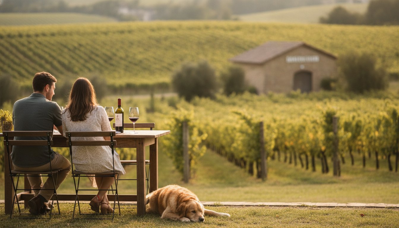 Casal sentado em mesa ao ar livre de restaurante com taças de vinho e um cachorro.