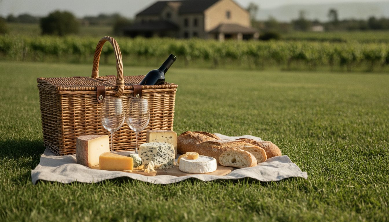Cesta de palha com garrafa de vinho, taças, queijos e pães sobre toalha no gramado.