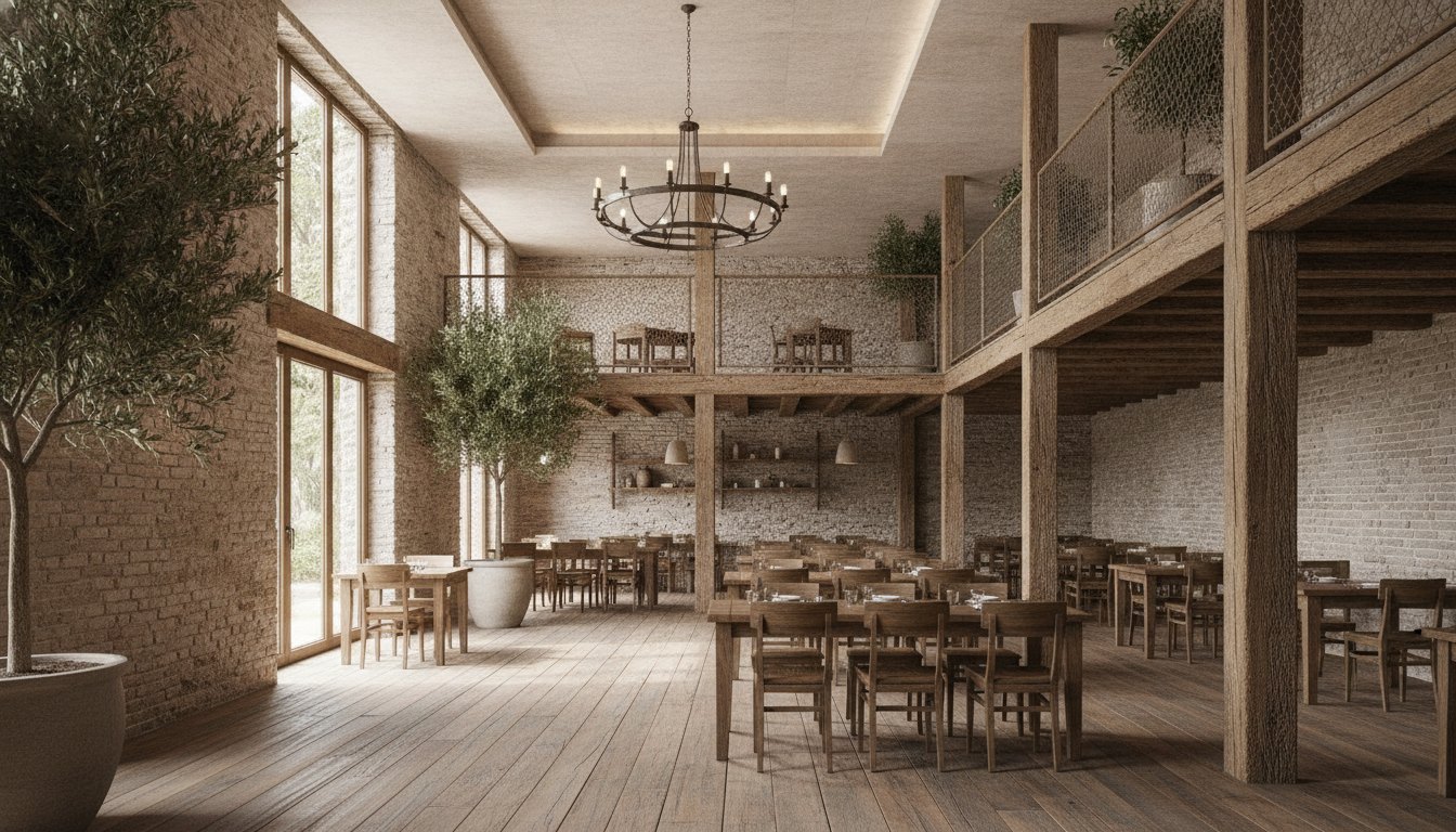Salão de restaurante rústico com pé-direito alto, teto de gesso rebaixado e mezanino protegido por telas.