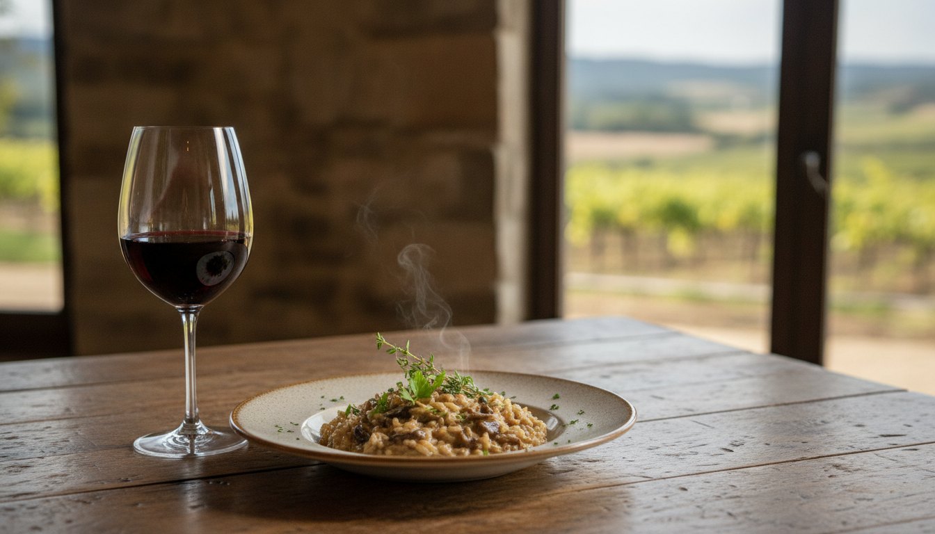 Taça de vinho tinto ao lado de prato com risoto de cogumelos e ervas frescas.