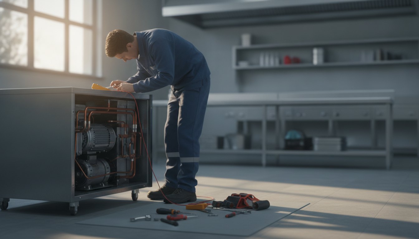 Técnico com ferramentas inspecionando o motor de uma geladeira comercial de inox em uma cozinha.