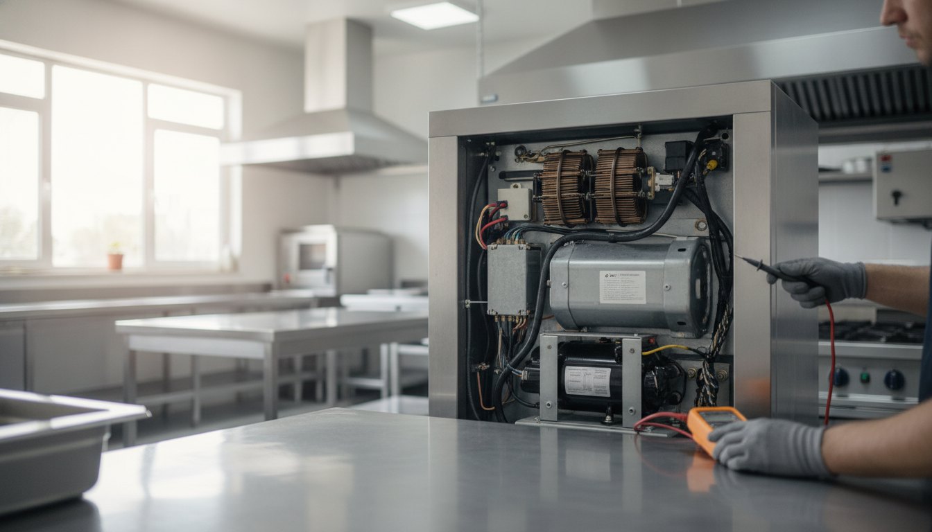 Técnico inspecionando o motor de uma geladeira comercial de aço inox em uma cozinha industrial.