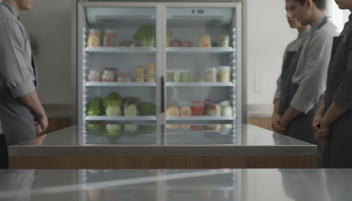 Cozinha de demonstração com bancada de inox, geladeira comercial de vidro e alunos observando o preparo.