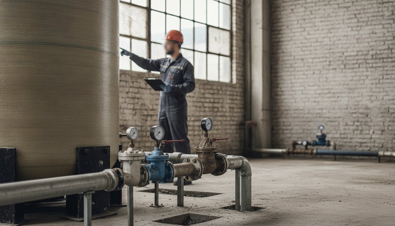 Técnico inspeciona tubulações de água e válvulas conectadas a um grande reservatório de fibra de vidro.