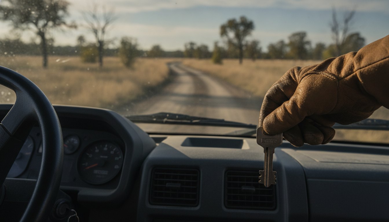 Profissional inserindo uma chave na ignição de um veículo utilitário em uma estrada de terra.