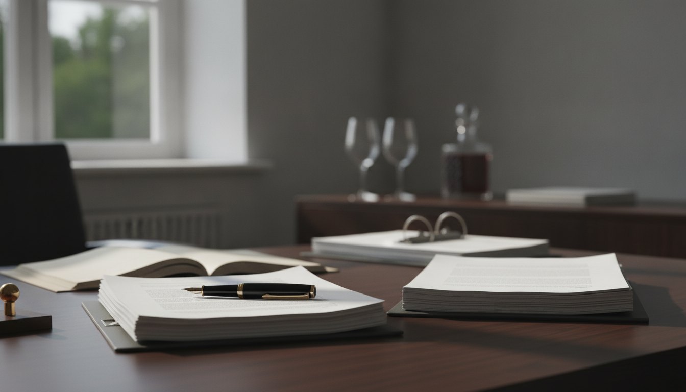Mesa de escritório com documentos, taças de vinho ao fundo e caneta sobre os papéis.