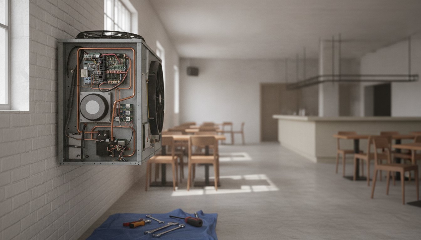 Técnico inspecionando o painel de um aparelho de ar condicionado em um salão de restaurante.