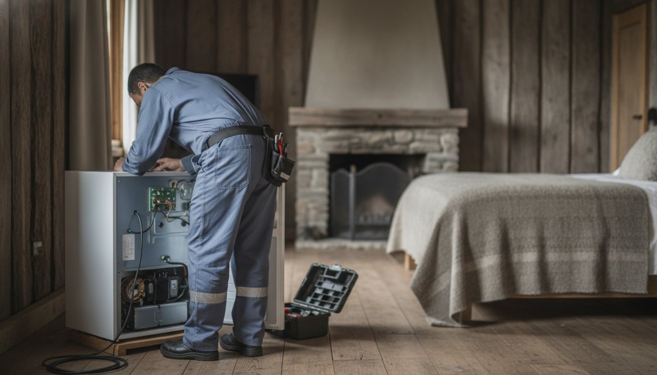 Técnico uniformizado inspecionando o painel traseiro de um frigobar em um quarto rústico de pousada.