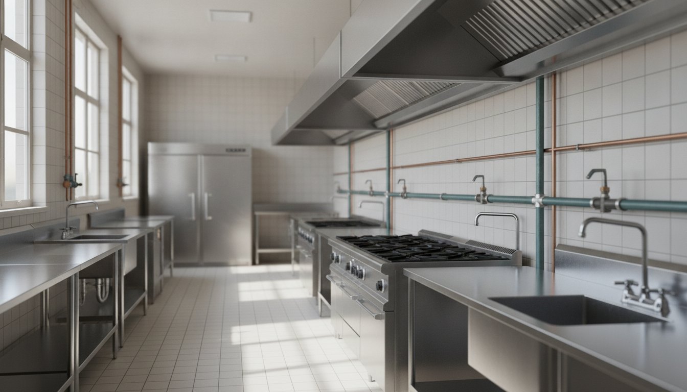 Cozinha industrial em aço inox com tubulações de água e gás visíveis nas paredes.