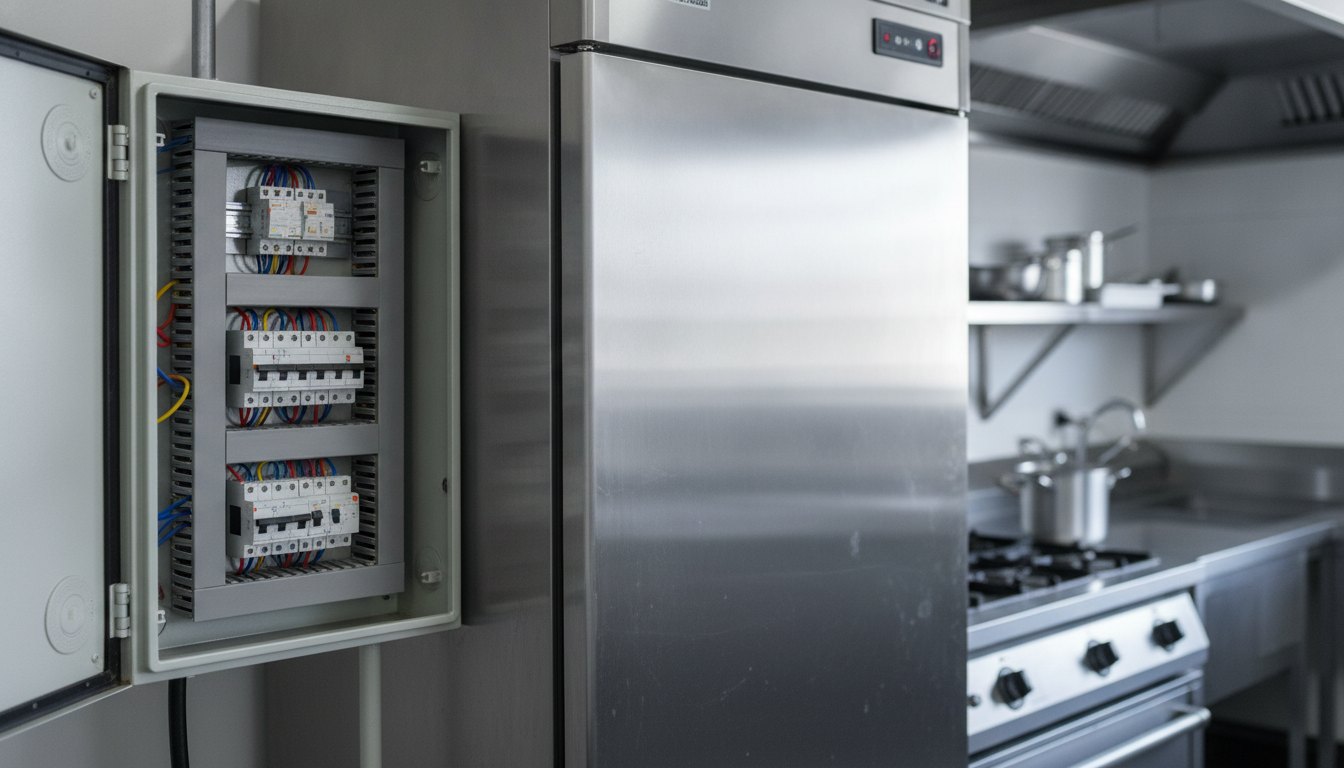Quadro elétrico aberto com disjuntores ao lado de um refrigerador comercial em cozinha industrial.