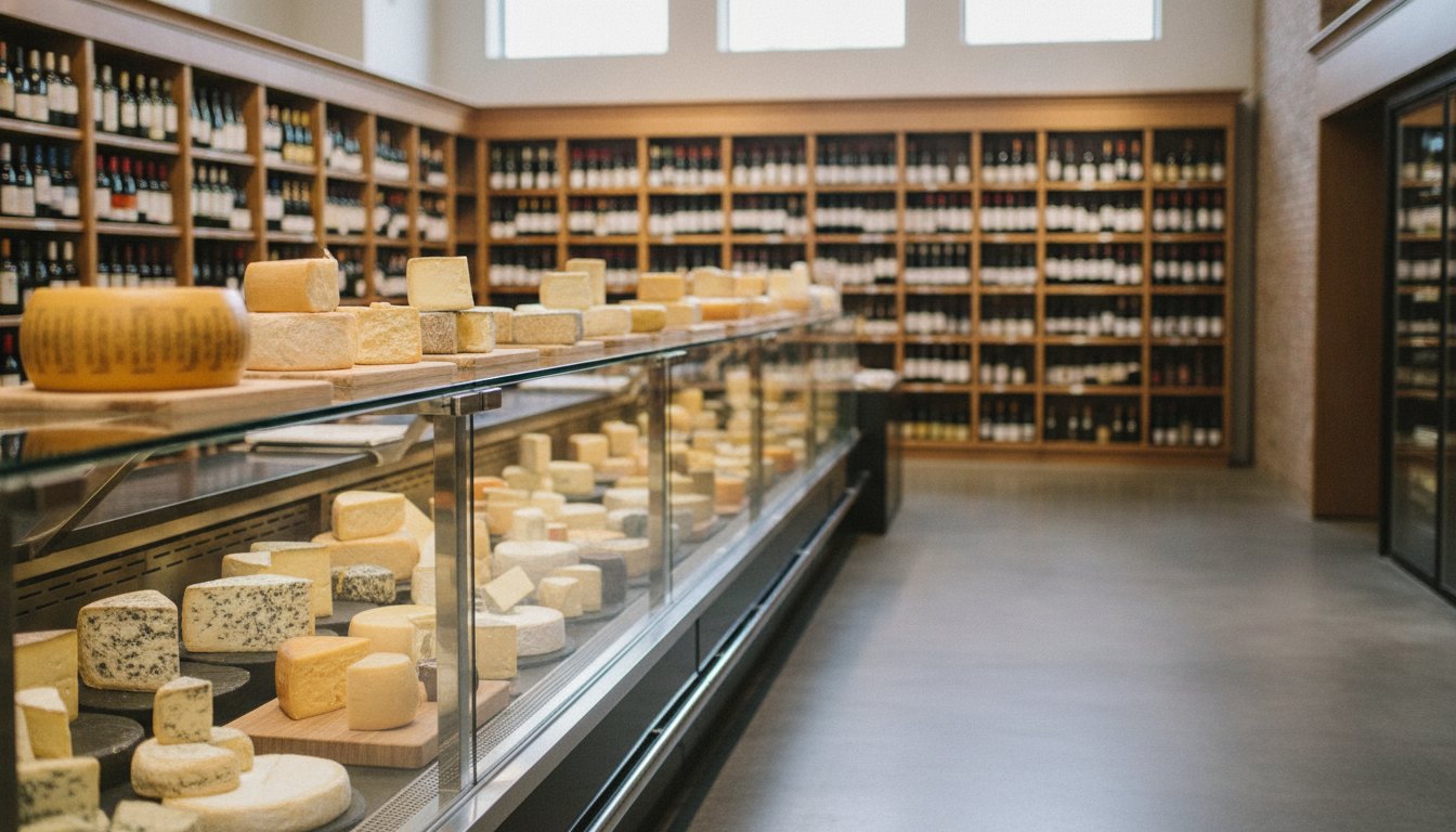 Interior de um empório gastronômico com prateleiras de vinhos e balcão refrigerado exibindo queijos.