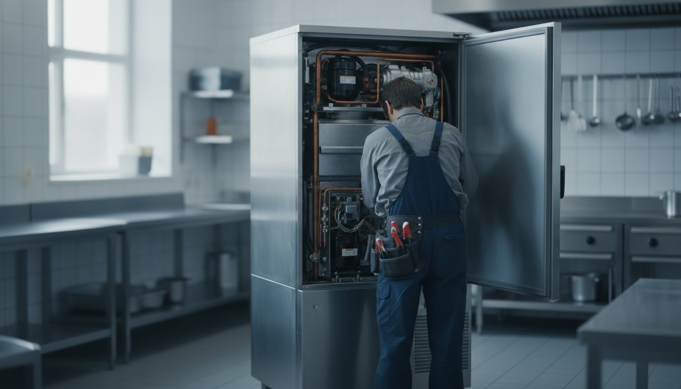 Técnico com uniforme de trabalho inspecionando o motor de uma geladeira comercial em uma cozinha.