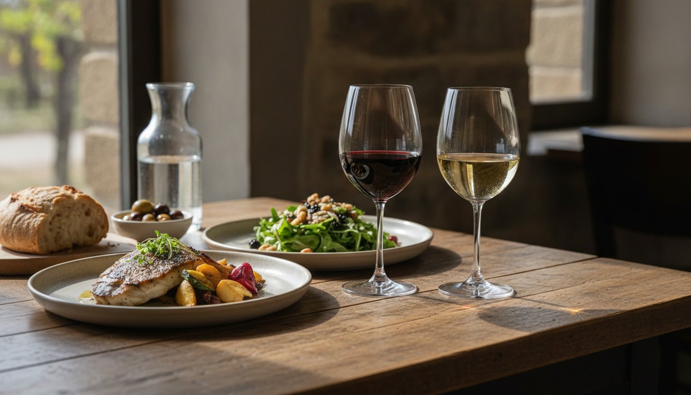 Duas taças com bebidas de cores diferentes ao lado de pratos de comida em mesa rústica.