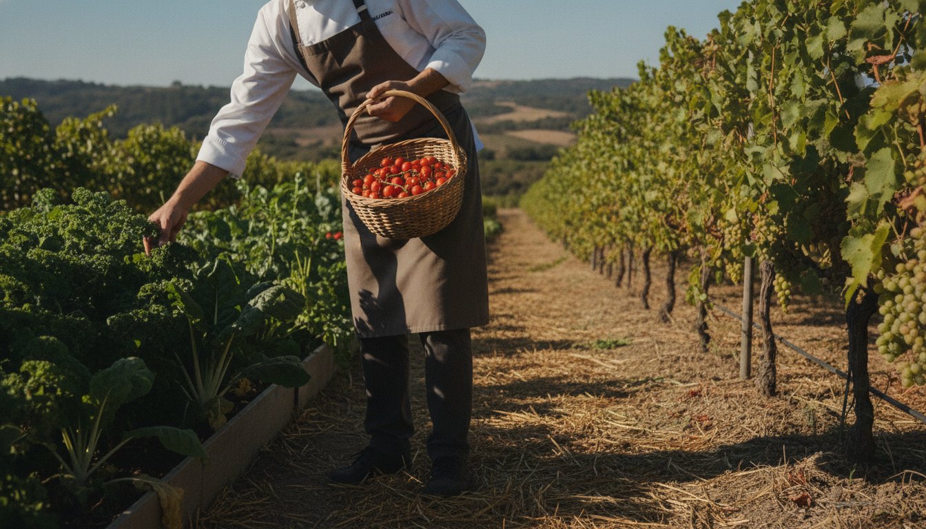 Chef colhendo folhas verdes e tomates cereja em canteiros próximos a vinhedos ao ar livre.