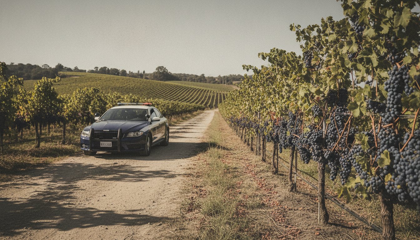 Carro de polícia estacionado em uma estrada de terra próxima a um vinhedo com uvas maduras