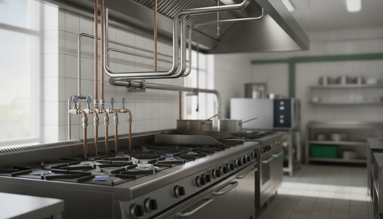 Tubulações metálicas expostas conectadas a um fogão industrial em uma cozinha comercial