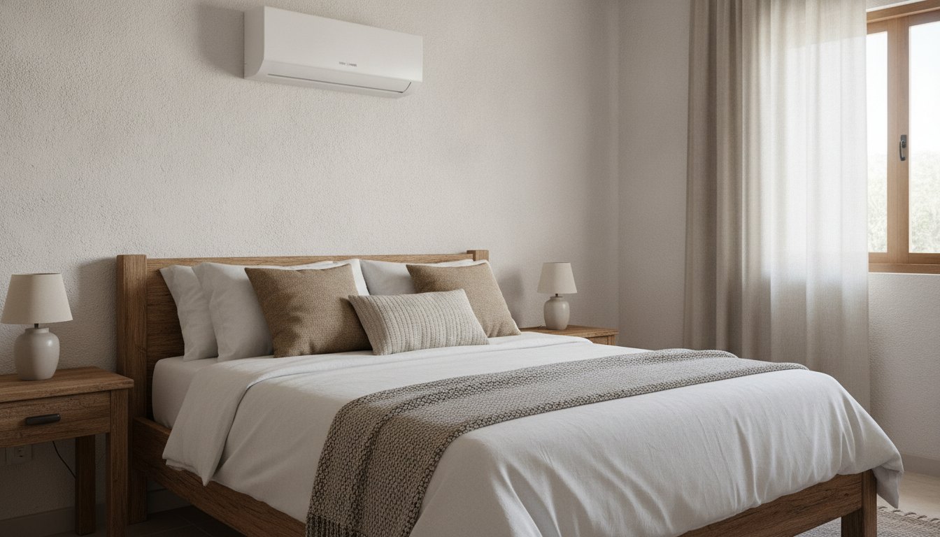 Quarto de pousada aconchegante com ar-condicionado instalado na parede acima de uma cama rústica