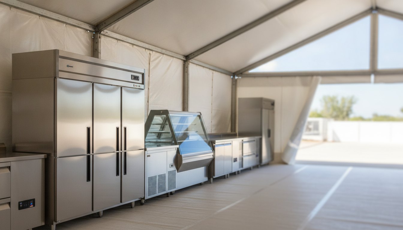 Tenda de evento gastronômico com equipamentos de refrigeração em aço inox sob luz natural.