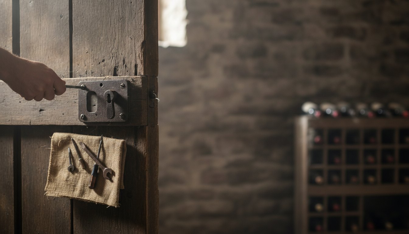 Profissional ajustando a fechadura de uma porta de madeira em uma adega rústica.