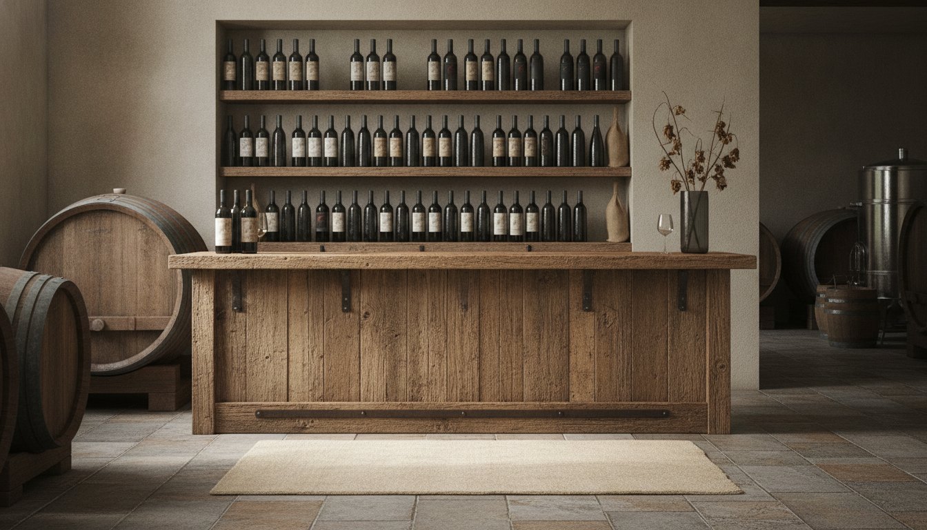 Balcão rústico em uma sala de recepção de vinícola com garrafas de vinho expostas ao fundo.